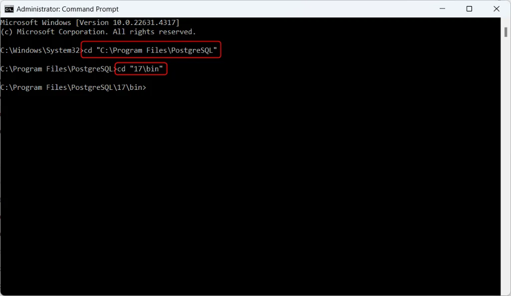 Command Prompt inside PostgreSQL bin folder with executables